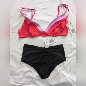 New! L Space Fused Zendaya Red top High tide classic Bottoms black Small bikini